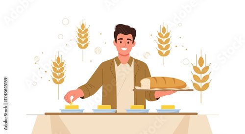 Smiling Person Presenting Bread Slice and Butter Cubes Over A Wheat Illustration
