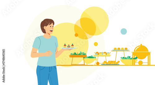 Smiling Person Serving Food At A Catering Event Showing Various Delicious Dishes