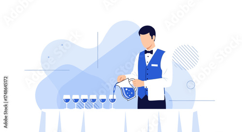 Server Pouring Water into Glasses at a Restaurant or Elegant Event Illustration