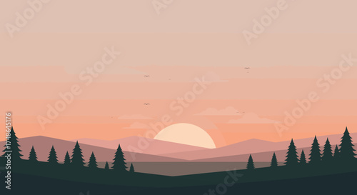 Beautiful minimalist sunset landscape with silhouetted pine trees and rolling hills, a serene outdoor vista, digital art
