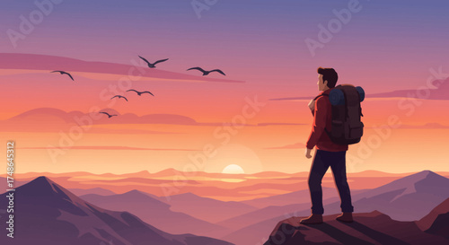 Man with backpack admiring a breathtaking sunrise over mountain ranges, evoking a sense of adventure and exploration