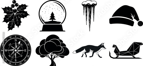 Vector art of variety of black silhouette christmas icons