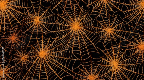 Cute seamless Halloween spider pattern. Vector black spiders and spider web on orange background. 