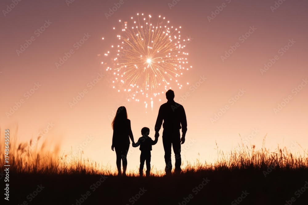 Fototapeta premium Family and Fireworks Silhouette: A silhouette of a family stands hand-in-hand, gazing at a dazzling firework display, painted against a soft sunset sky. A celebration of unity.