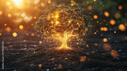 Glowing tree of light and energy in a dark forest setting