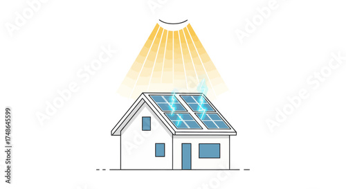 Solar panels on a house roof harness sunlight to generate clean energy, representing sustainability and renewable power solutions