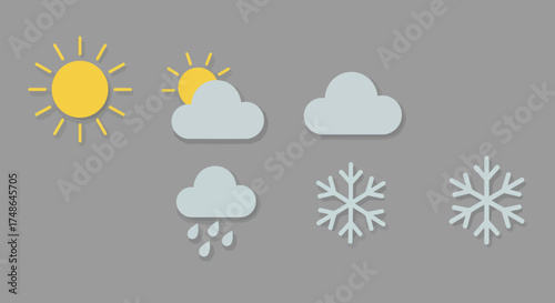 Collection of weather icons depicting sun, clouds, rain, and snow, representing various atmospheric conditions