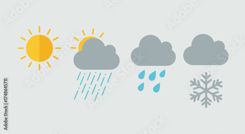 Weather Icons showing sun, rain, and snow, representing different weather conditions on a gray background