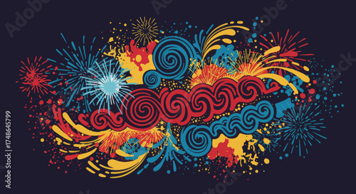 Explosion of Vibrant Colors and Abstract Swirls, a Festive Celebration of Fireworks and Dynamic Motion