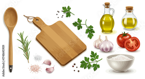 Fresh ingredients for cooking and food preparation with wooden spoon, cutting board, herbs, garlic, tomatoes and olive oil