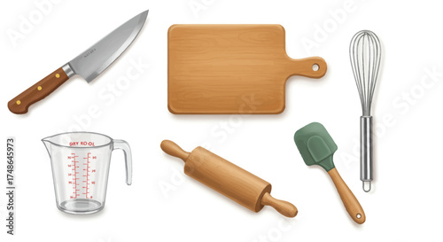 A collection of baking and cooking utensils including a knife, cutting board, whisk, measuring cup, rolling pin, and spatula