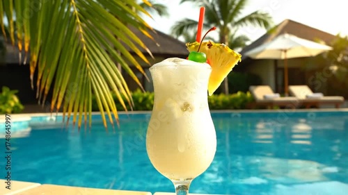 Tropical cocktail with pineapple slice near pool in sunny environment