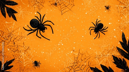 Cute seamless Halloween spider pattern. Vector black spiders and spider web on orange background. 