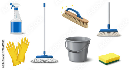 Collection of cleaning supplies and tools, including spray bottle, gloves, mop, bucket, brush, and sponge