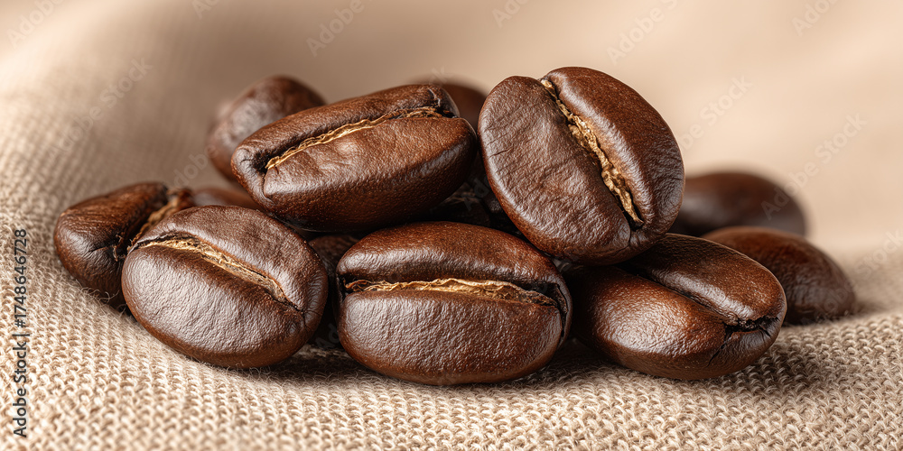 Obraz premium Garść świeżo palonych ziaren kawy, ułożonych w stos na teksturowanym, beżowym tle z juty. Ziarna są lśniące, ciemnobrązowe, z widoczną bruzdą.