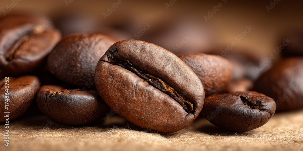 Obraz premium Makro ujęcie świeżo palonych ziaren kawy na teksturowanym, brązowym tle. Ostrość skupiona na ziarnie z widoczną bruzdą na pierwszym planie.