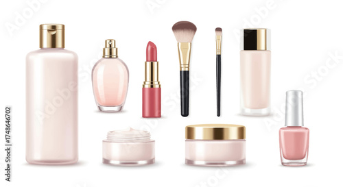 Collection of luxury beauty and cosmetic products for makeup and skincare, including perfume, lipstick, foundation, cream, and nail polish