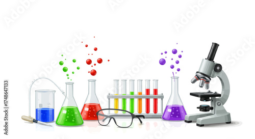 Scientific experiment with colorful liquids in beakers and flasks, alongside a microscope and safety goggles