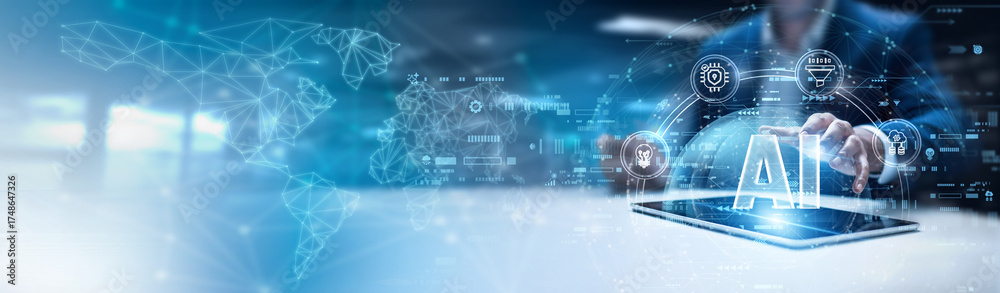 Obraz premium Businessman using tab and analysis AI data. machine learning algorithms, intelligent decision systems, predictive data analytics, natural language processing, neural network applications