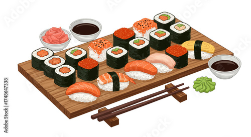 A vibrant and delicious platter of assorted sushi, featuring nigiri and maki rolls, served with soy sauce, wasabi, and pickled ginger on a wooden board