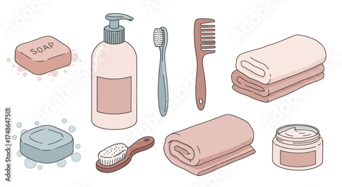 Collection of bathroom hygiene and personal care items for daily routine