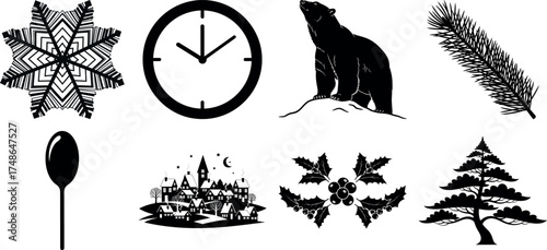 Vector art of collection of winter and holiday icons including snowflake, clock, polar bear, pine branch, lollipop, cemetery, holly, and pine tree