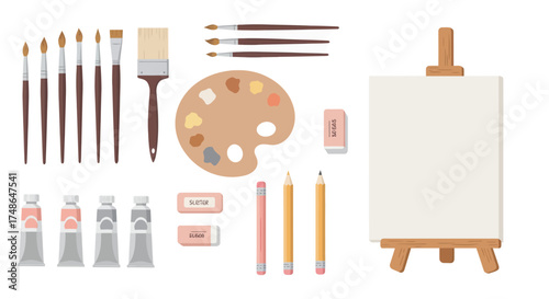 Art supplies and canvas on an easel, a creative setup for painting and drawing