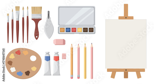 Art supplies on a white background, including brushes, paints, pencils, and easel