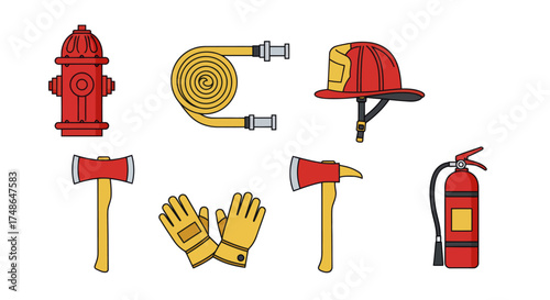 Firefighter Equipment Icons Hydrant, Hose, Helmet, Axe, Gloves, and Extinguisher for Safety and Rescue