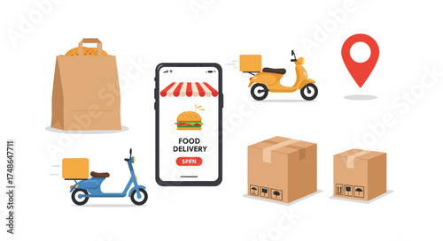 Online food delivery service icons including scooter, delivery bags, mobile app, and cardboard boxes, representing logistics and e-commerce