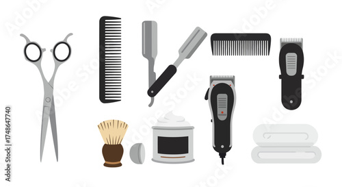 Barber tools set including scissors, comb, shaving brush, cream, razor, hair clipper, and towel