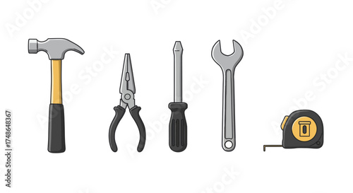 Collection of common household repair tools including hammer, pliers, screwdriver, wrench, and measuring tape on white background