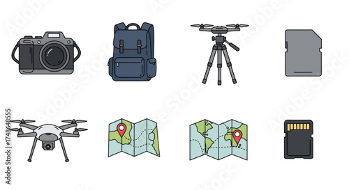 Collection of photography and travel-related icons including a camera, backpack, tripod, drone, and maps