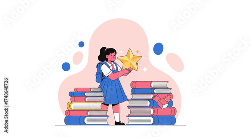 Student Celebrates Success, Holds Star Above Books Symbolizing Education Achievements