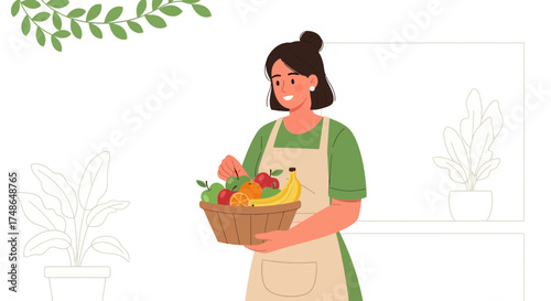 Smiling Woman Shows Basket Of Fresh Fruit Amidst Plants In Sunny Illustration