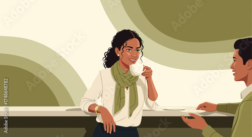 Smiling Woman With Coffee Cup Conversing With a Man at a Counter in a Cafe