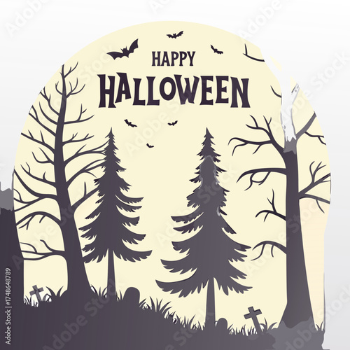 Spooky Halloween Night Vector – Silhouette of Cemetery Graveyard, Pine Trees, and Bare Branches Under a Full Moon with Flying Bats and Happy Halloween Text