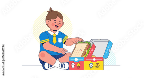 Smiling Young Boy Opens Lunchbox with Sandwich at School, Adorable Illustration