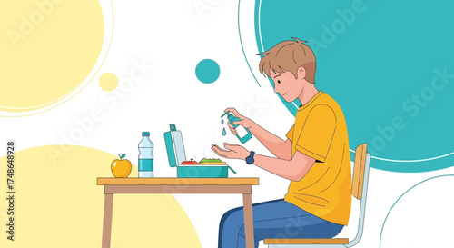 Student Sanitizing Hands Before Lunchtime Meal in a School Environment Illustration