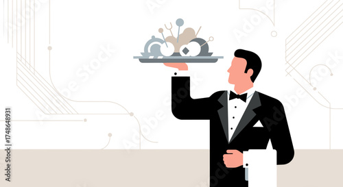 Sophisticated Attendant Presenting Culinary Delights on a Tray in Modernist Style