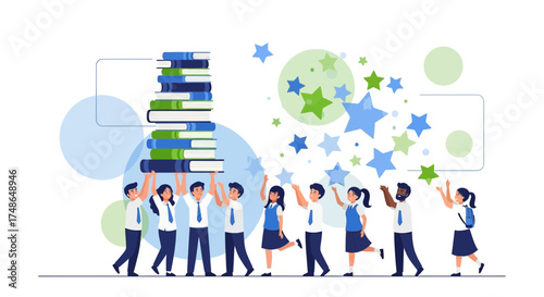 Students Celebrating Knowledge and Success with Books and Symbolic Celestial Elements