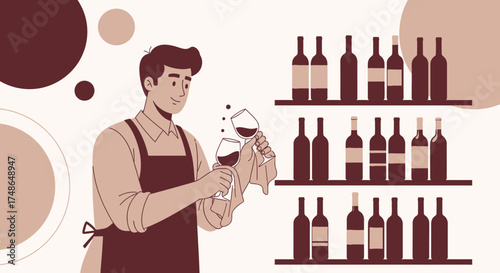 Sommelier Cleaning Wine Glasses And Presenting Wine Collection In Modern Design