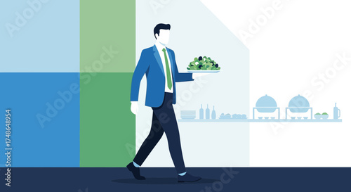 Sophisticated Employee Delivers Appetizing Salad, Exemplifying Fine Dining Presentation