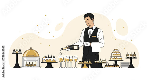 Sophisticated Butler Expertly Pouring Champagne at an Elegant Event or High Class Ceremony