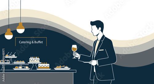Sophisticated Event Design Featuring Catering Buffet With Elegant Wine Presentation