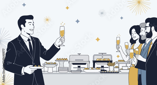 Sophisticated Gathering Illustartion Depicting Celebration And Enjoyment With Champagne Toasting