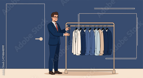 Stylish Businessman Choosing His Outfit from a Collection of Elegant Suits and Ties