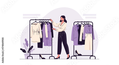 Stylish Woman Choosing Clothes From Wardrobe Displaying Fashion Selections For Daily Outfits