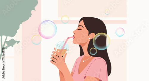 Stylish Woman Enjoying Boba Drink Surrounded By Sparkling Bubbles In Summer