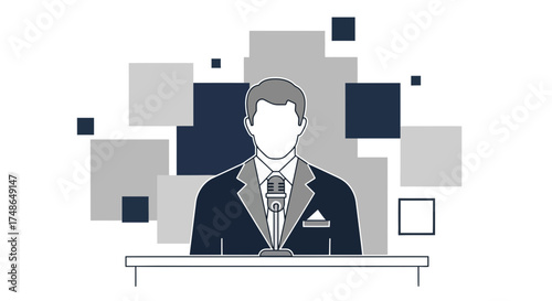 Speaker At Podium With Microphone And Abstract Geometric Background Illustration